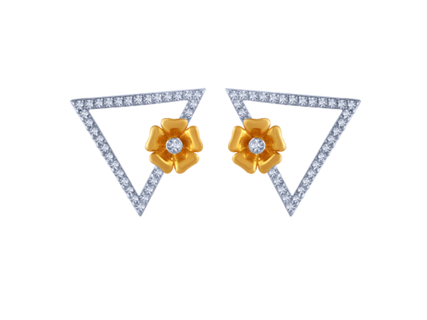 18K Triangular Diamond Necklace Earrings Set with an intricate Flower