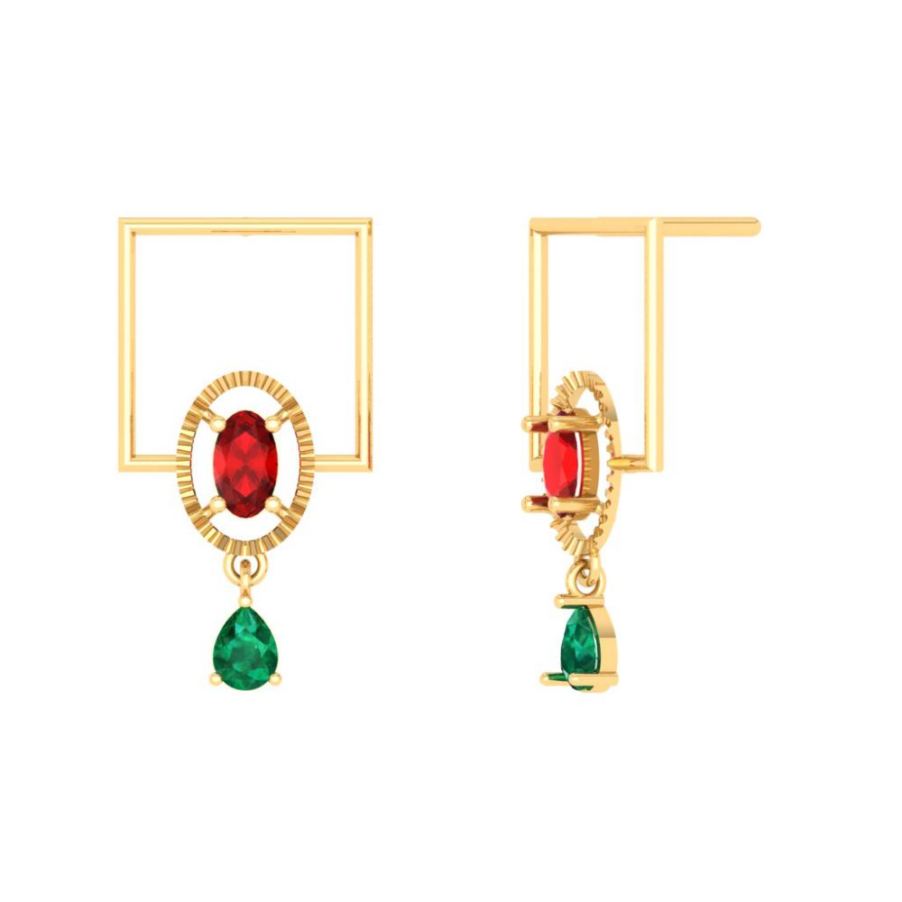 Classy Green & Red Stone Studded Gold Earrings