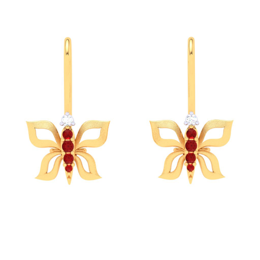 18KT Butterfly shape With Red And White Stone Gold Drop Earring From Diamond Collection 