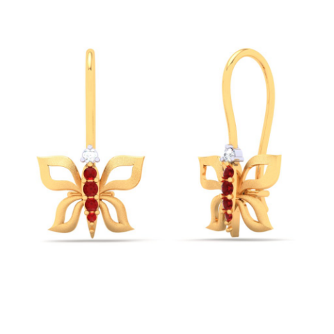 18KT Butterfly shape With Red And White Stone Gold Drop Earring From Diamond Collection 