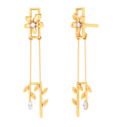 18K flower in a box shaped diamond earrings with a hanging leafy design