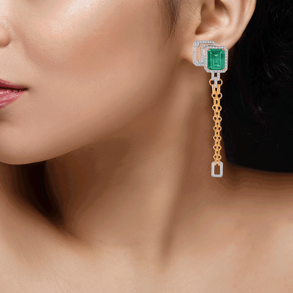 18KT (750) White Gold, Solitaire and Emerald Jhumki Earrings for Women