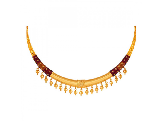 22k Gold choker necklace with small hanging beads and maroon detailing