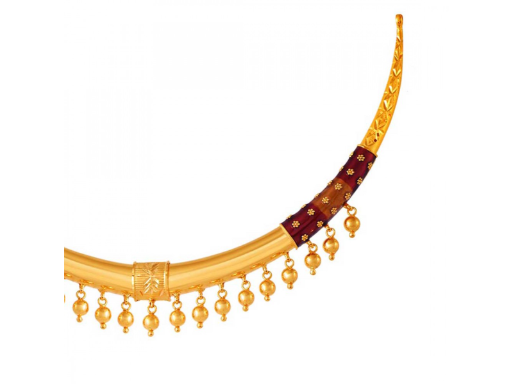 22k Gold choker necklace with small hanging beads and maroon detailing