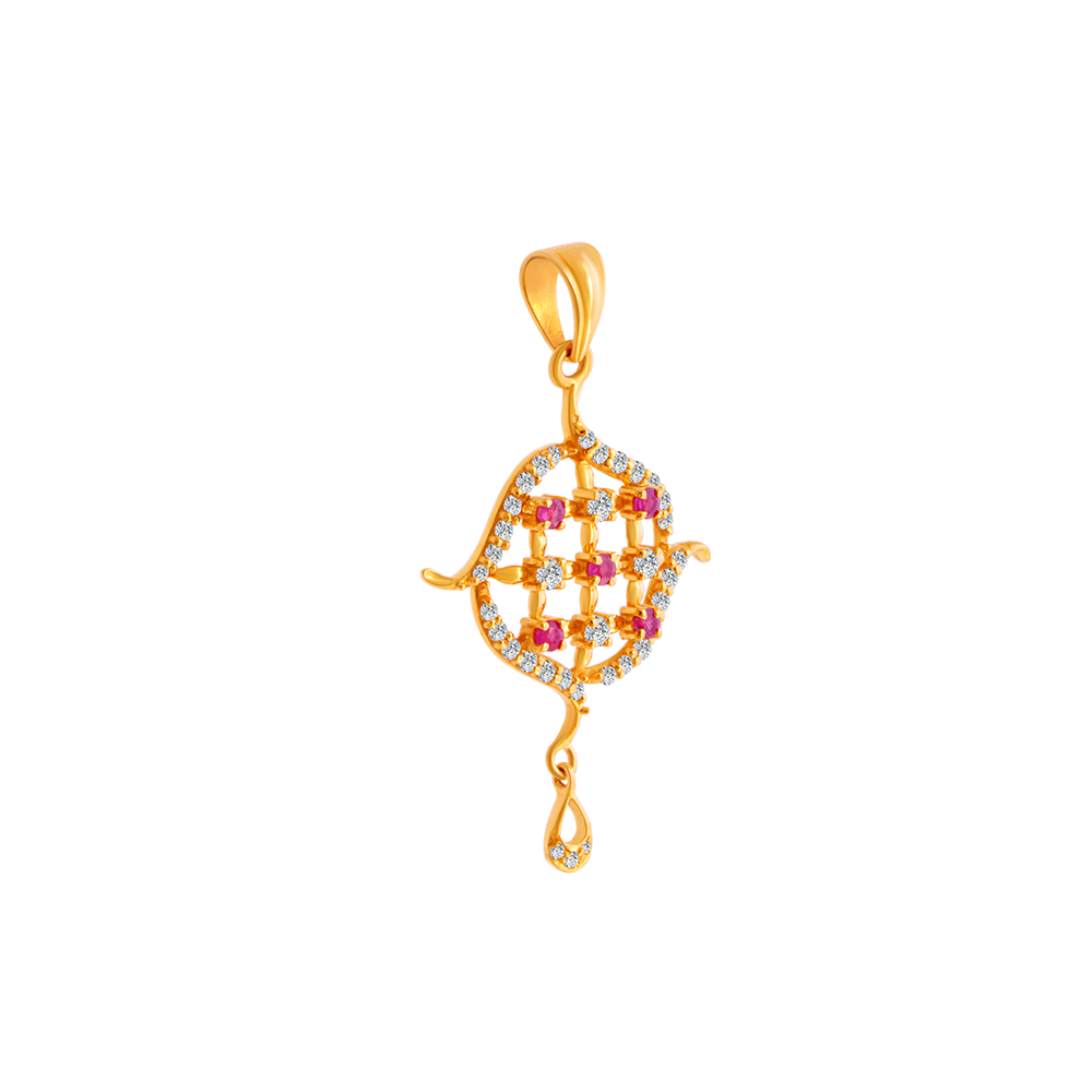 22KT (916) Yellow Gold, American Diamond and Ruby Pendant for Women