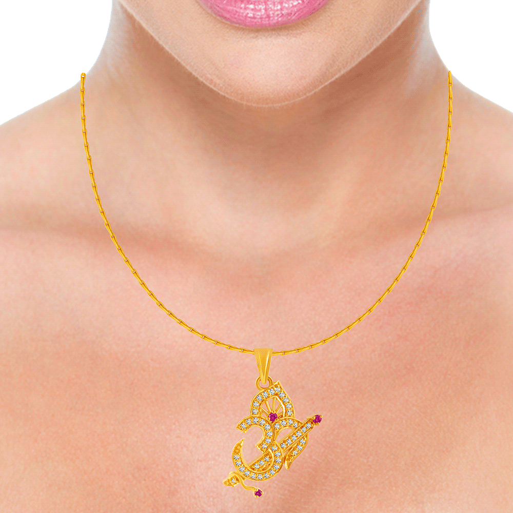 22KT Yellow Gold, American Diamond and Ruby Pendant for Women