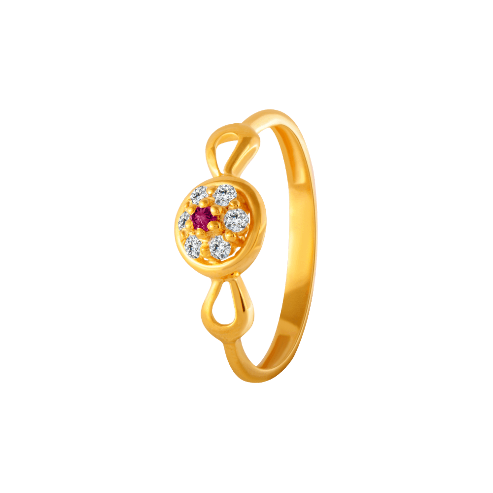 22KT Yellow Gold, American Diamond and Ruby Ring for Women