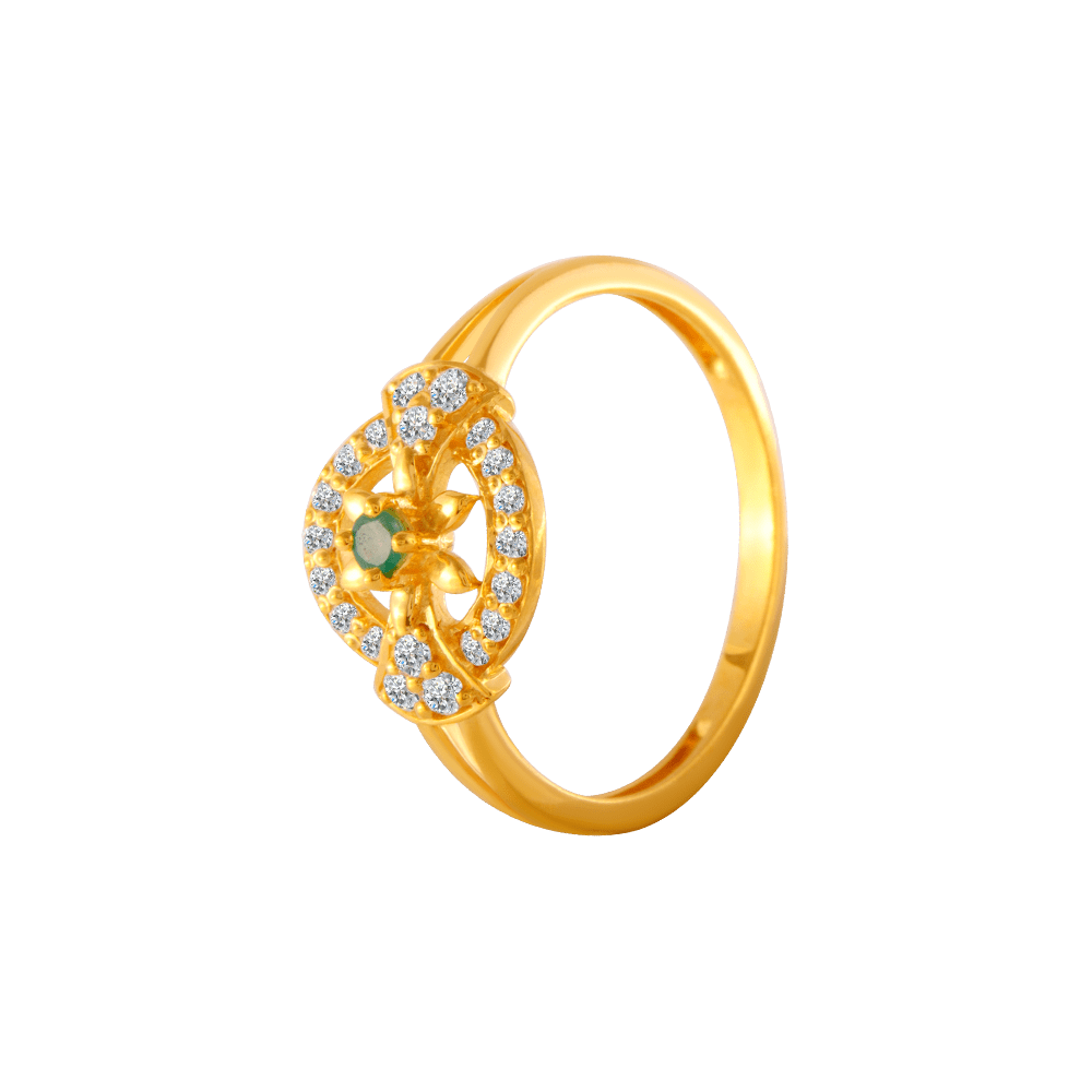 22KT Yellow Gold, American Diamond and Emerald Ring for Women