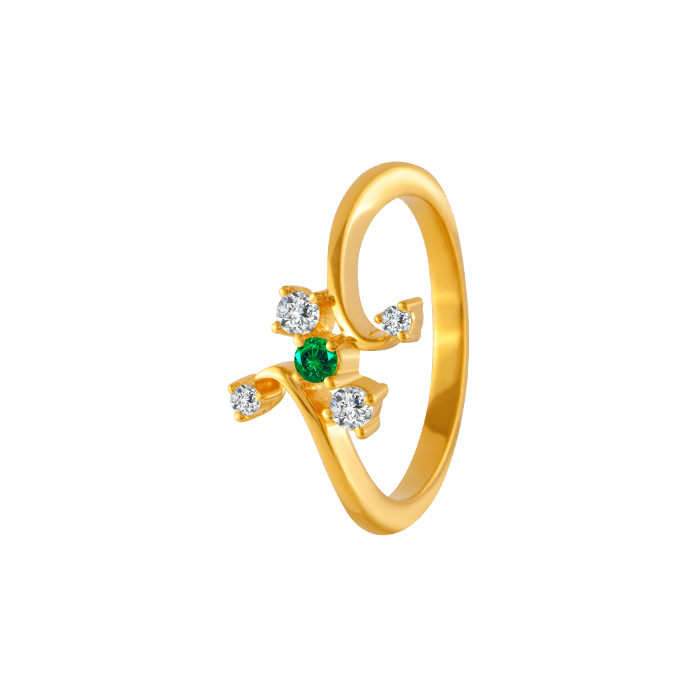 22KT Yellow Gold, American Diamond and Emerald Ring for Women