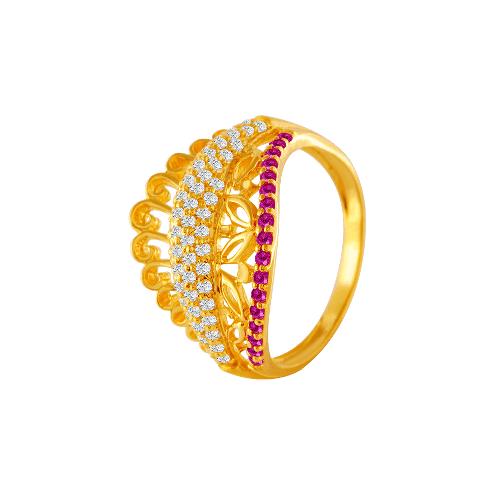 22KT Yellow Gold, American Diamond and Ruby Ring for Women