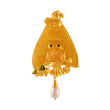 22K exquisite gold pendant in the form of an owl sitting on a branch with flowers