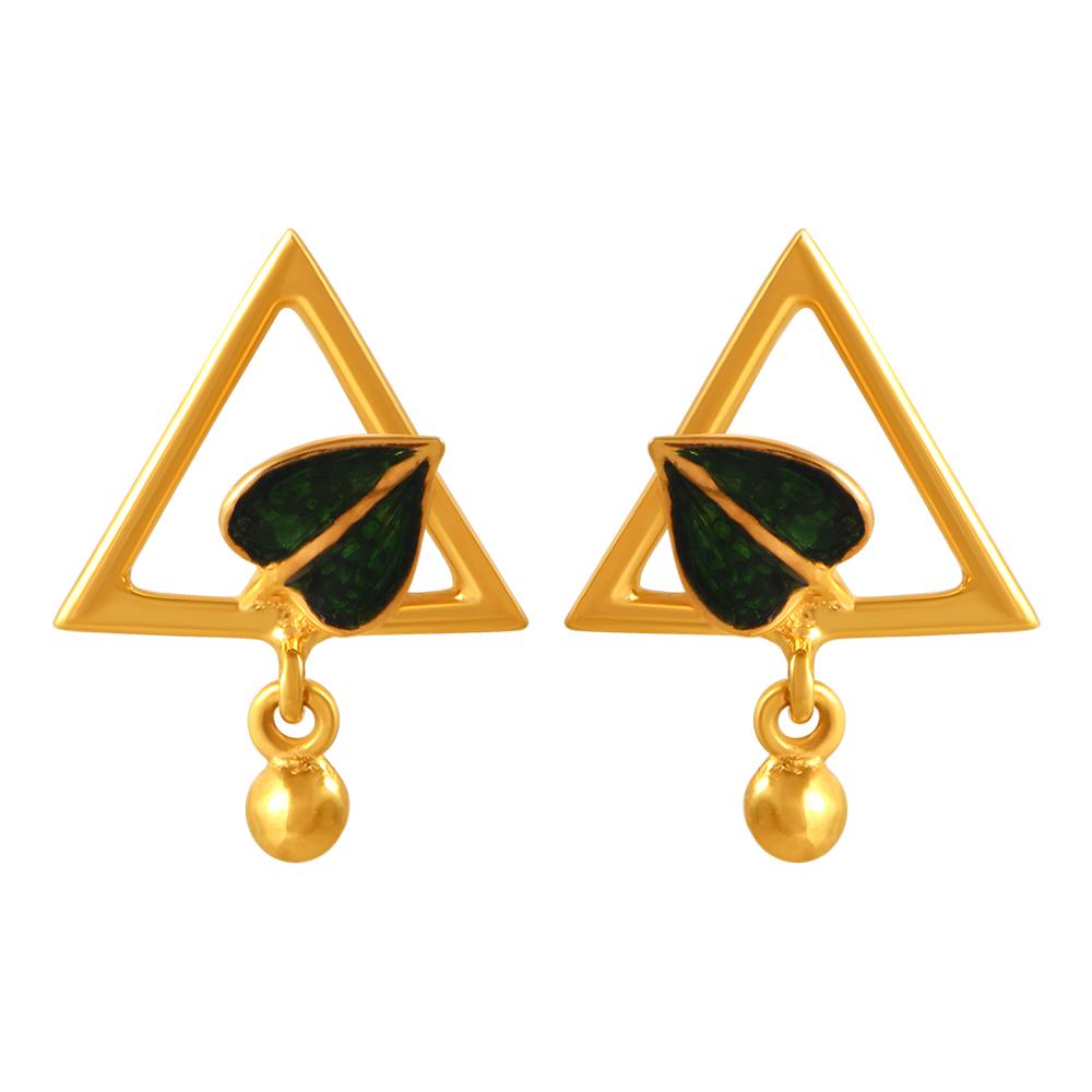 22K gold earrings with a leaf inside a triangular shape and a ball drop 