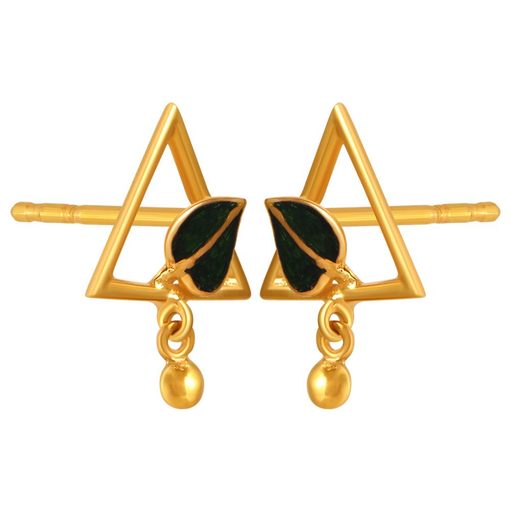 22K gold earrings with a leaf inside a triangular shape and a ball drop 