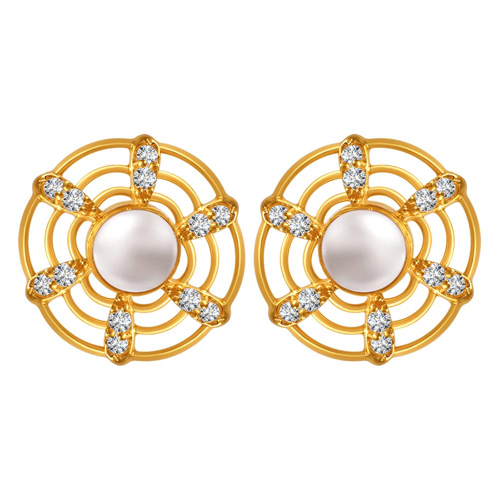 22K gold earrings with a pearl in the center of curved concentric circles and stone detailing