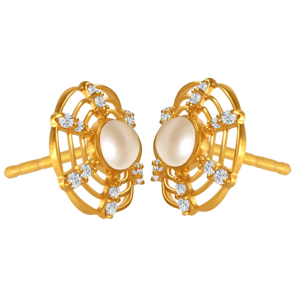 22K gold earrings with a pearl in the center of curved concentric circles and stone detailing