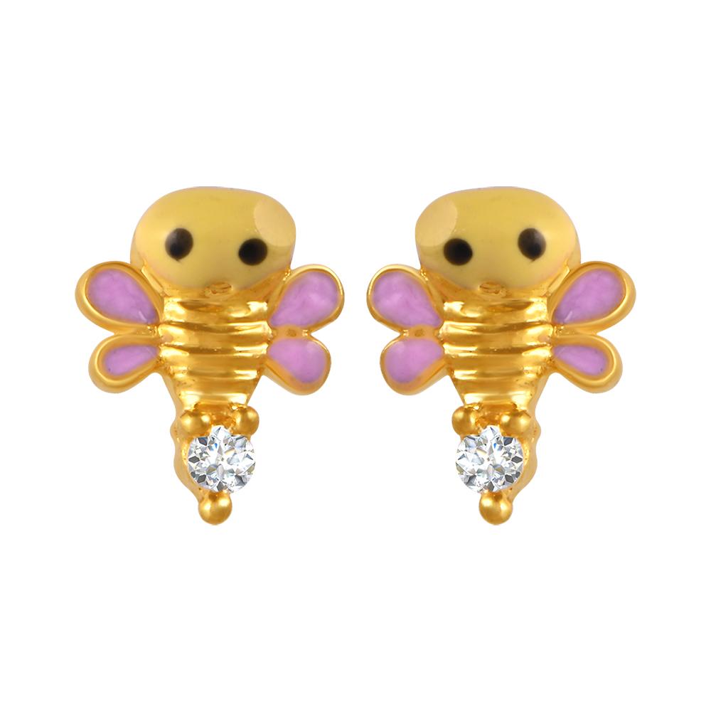 22K gold earrings with animated butterfly design and a stone stud 