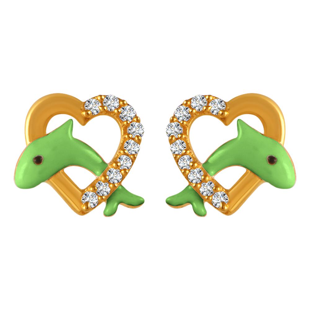 22K gold earrings with green dolphin motifs in stone-studded hearts 