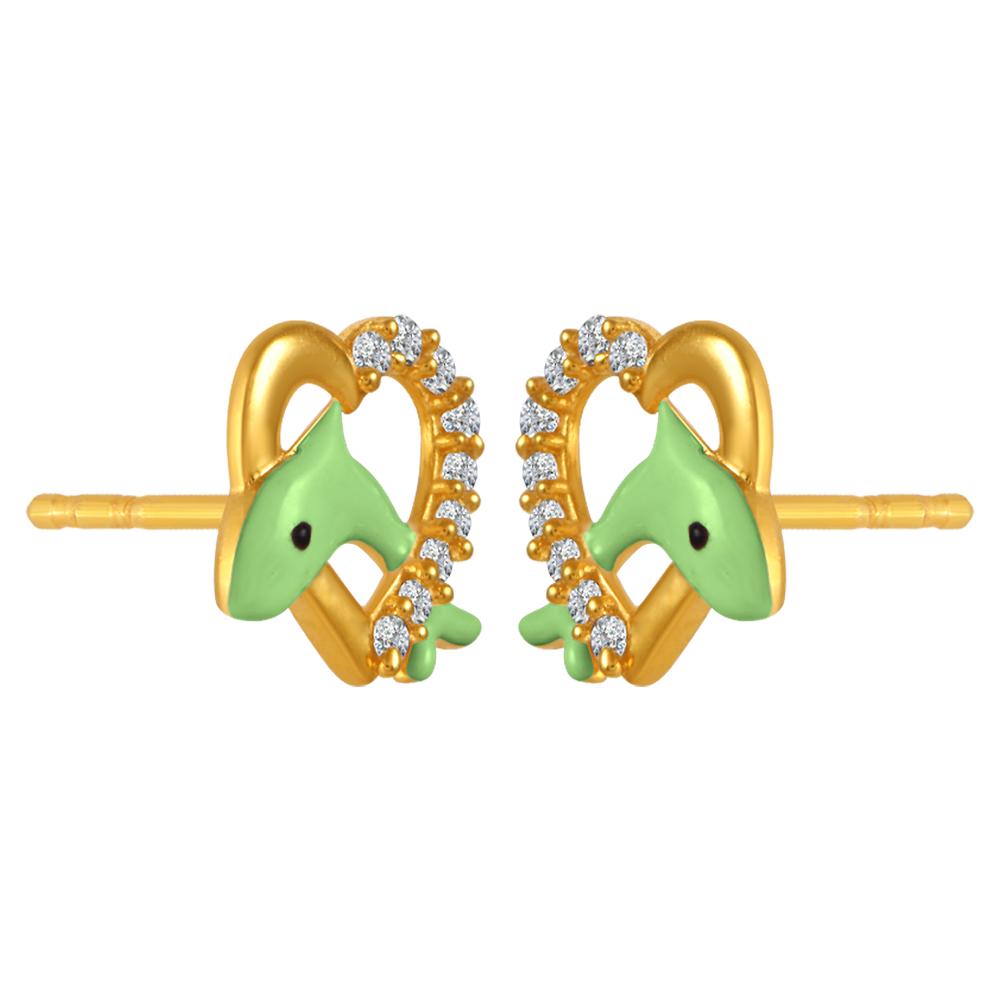 22K gold earrings with green dolphin motifs in stone-studded hearts 