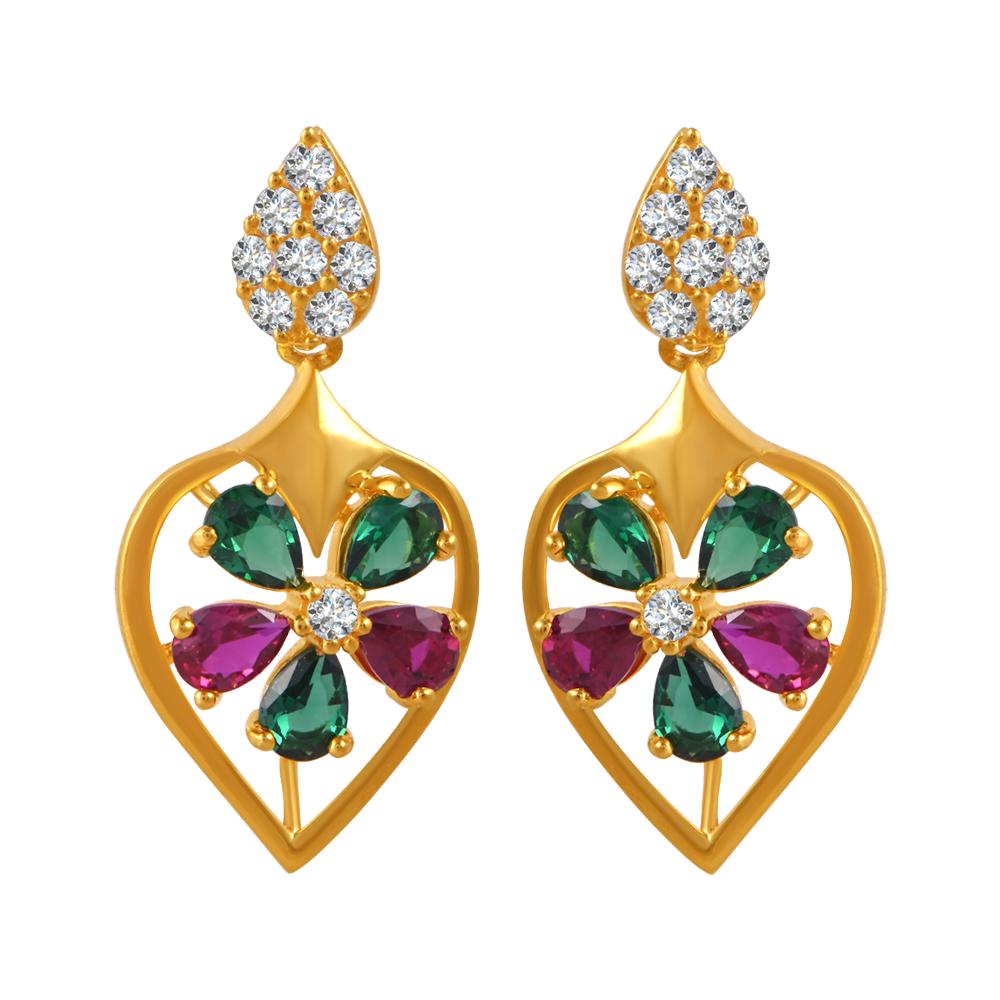 22K gold earrings with a gemstone flower on top of a leaf design and stone detailing