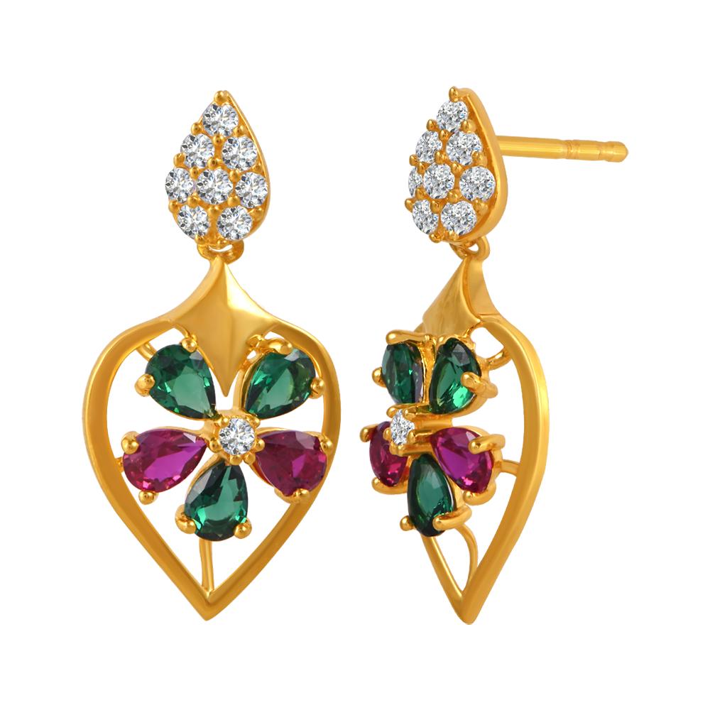 22K gold earrings with a gemstone flower on top of a leaf design and stone detailing