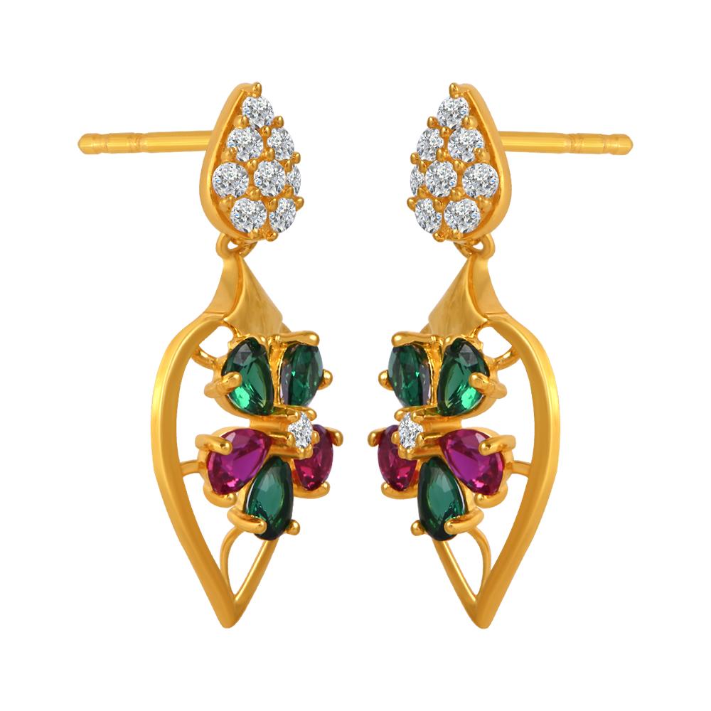 22K gold earrings with a gemstone flower on top of a leaf design and stone detailing