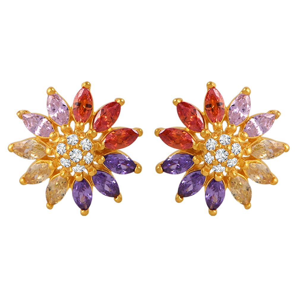 22K gold earrings with rangoli-inspired floral design and vibrant hues 