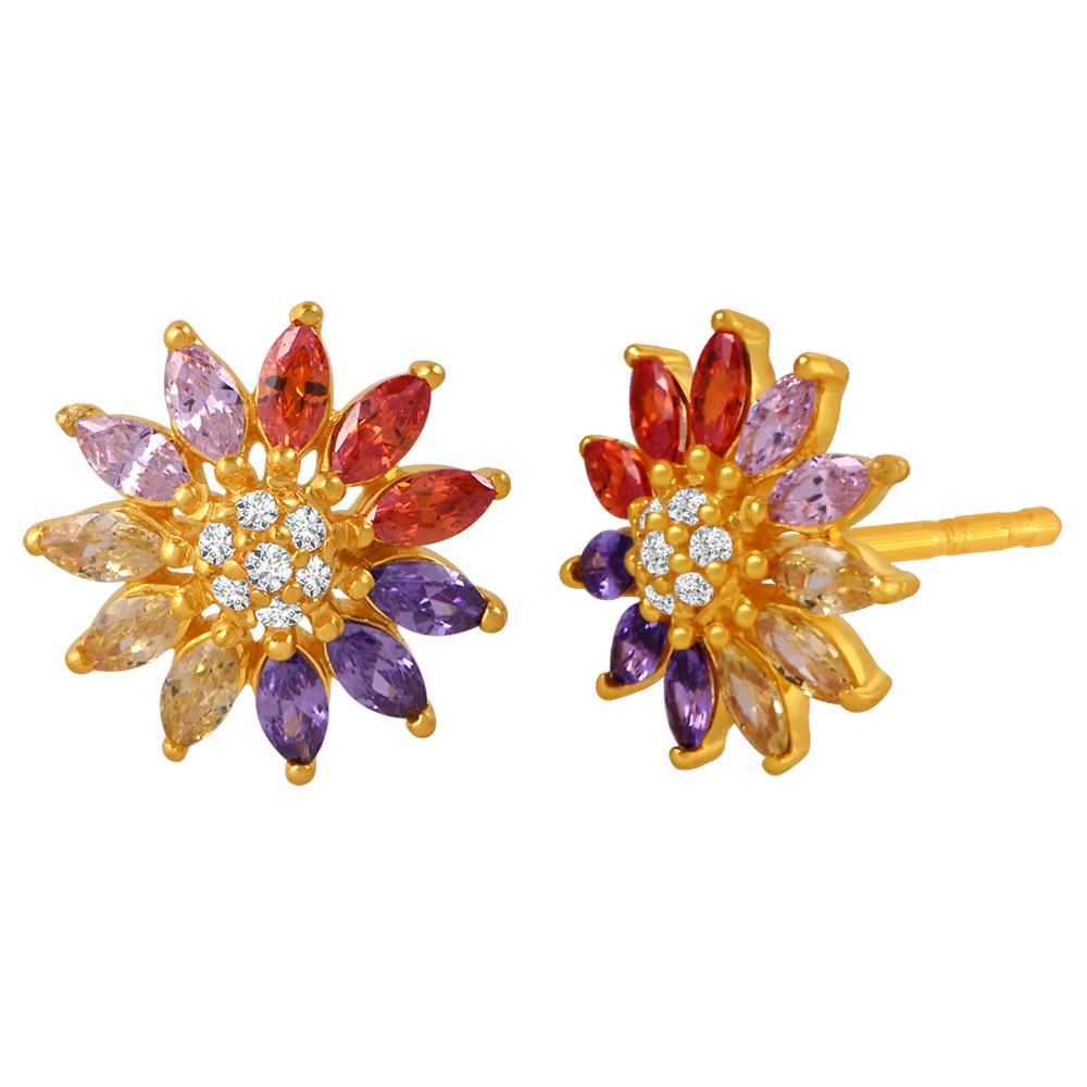 22K gold earrings with rangoli-inspired floral design and vibrant hues 