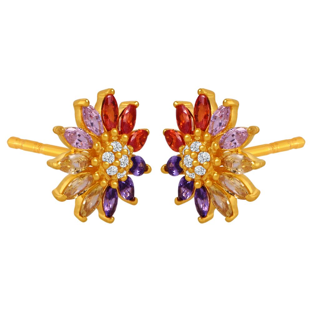 22K gold earrings with rangoli-inspired floral design and vibrant hues 