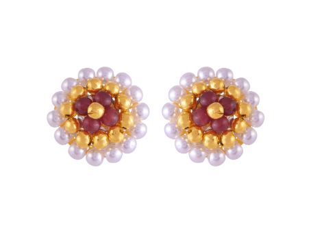 22K Regal Pearl & Red Beads Tushi Gold Stud Earrings