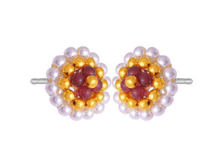 22K Regal Pearl & Red Beads Tushi Gold Stud Earrings