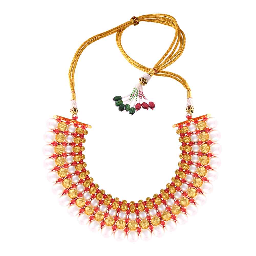 White & Red Bead Studded Charismatic Gold Necklace