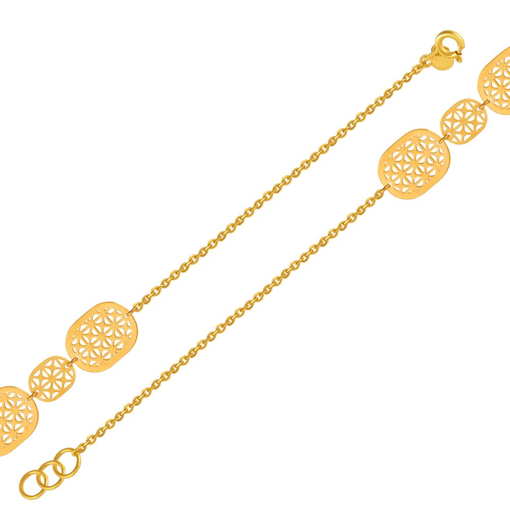 22K gold bracelet with a string of ovals having geometric patterns