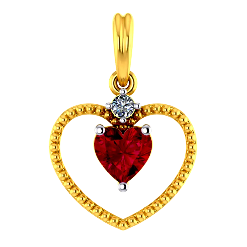 22K Heart shaped gold pendant with a red heart shaped stone in the middle