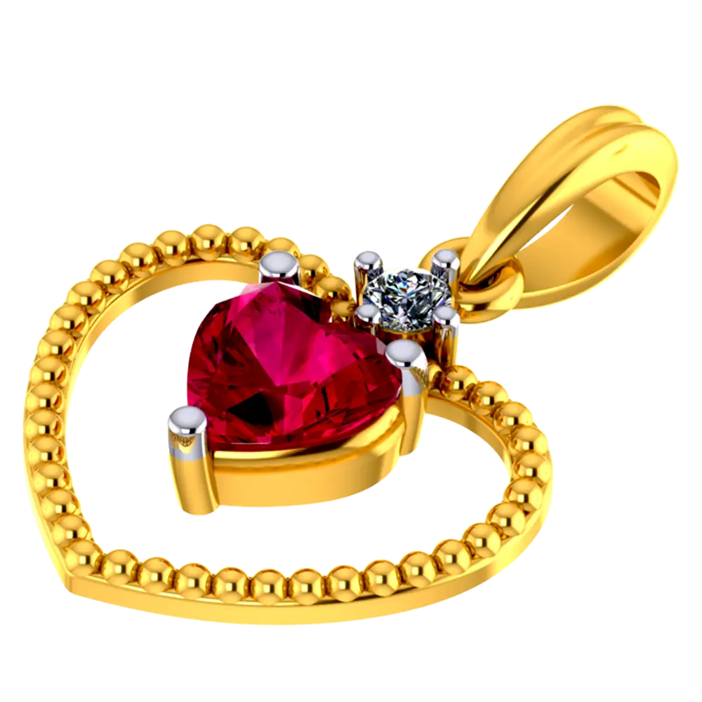 22K Heart shaped gold pendant with a red heart shaped stone in the middle