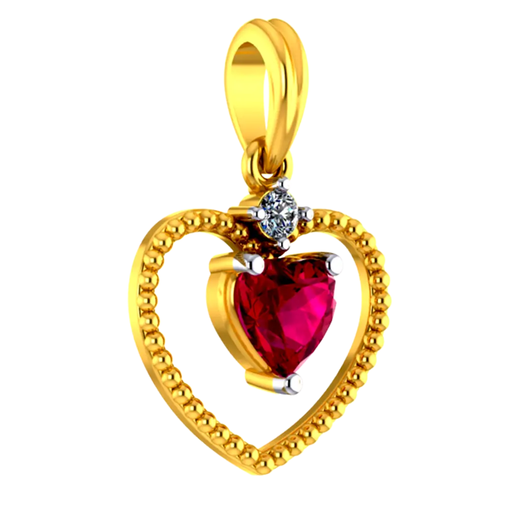 22K Heart shaped gold pendant with a red heart shaped stone in the middle