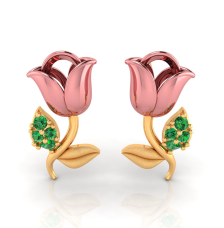14K Pink Rose and Green stone leaves Gold Earrings