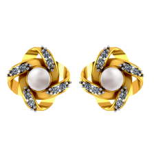 14K Floral 3D gold earrings with pearl and stone design