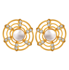 22K gold earrings with a pearl in the center of curved concentric circles and stone detailing