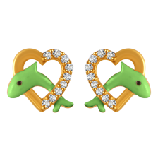 22K gold earrings with green dolphin motifs in stone-studded hearts 