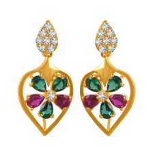 22K gold earrings with a gemstone flower on top of a leaf design and stone detailing