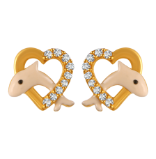 22K gold earrings with peach dolphin motifs in stone-studded hearts 