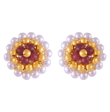 22K Regal Pearl & Red Beads Tushi Gold Stud Earrings