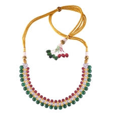 22K Intricate Pearl Gold Tushi Necklace with Red & Green Beads