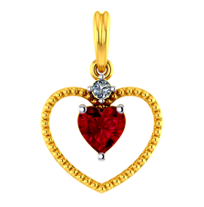 22K Heart shaped gold pendant with a red heart shaped stone in the middle